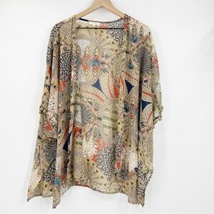 Umgee Boho Kimono M/L Peacock Print Pom Pom Trim Festival Beachy Chic